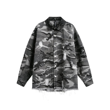 American Retro Loose Heavy Industry Distressed Camouflage Long Sleeve Shirt