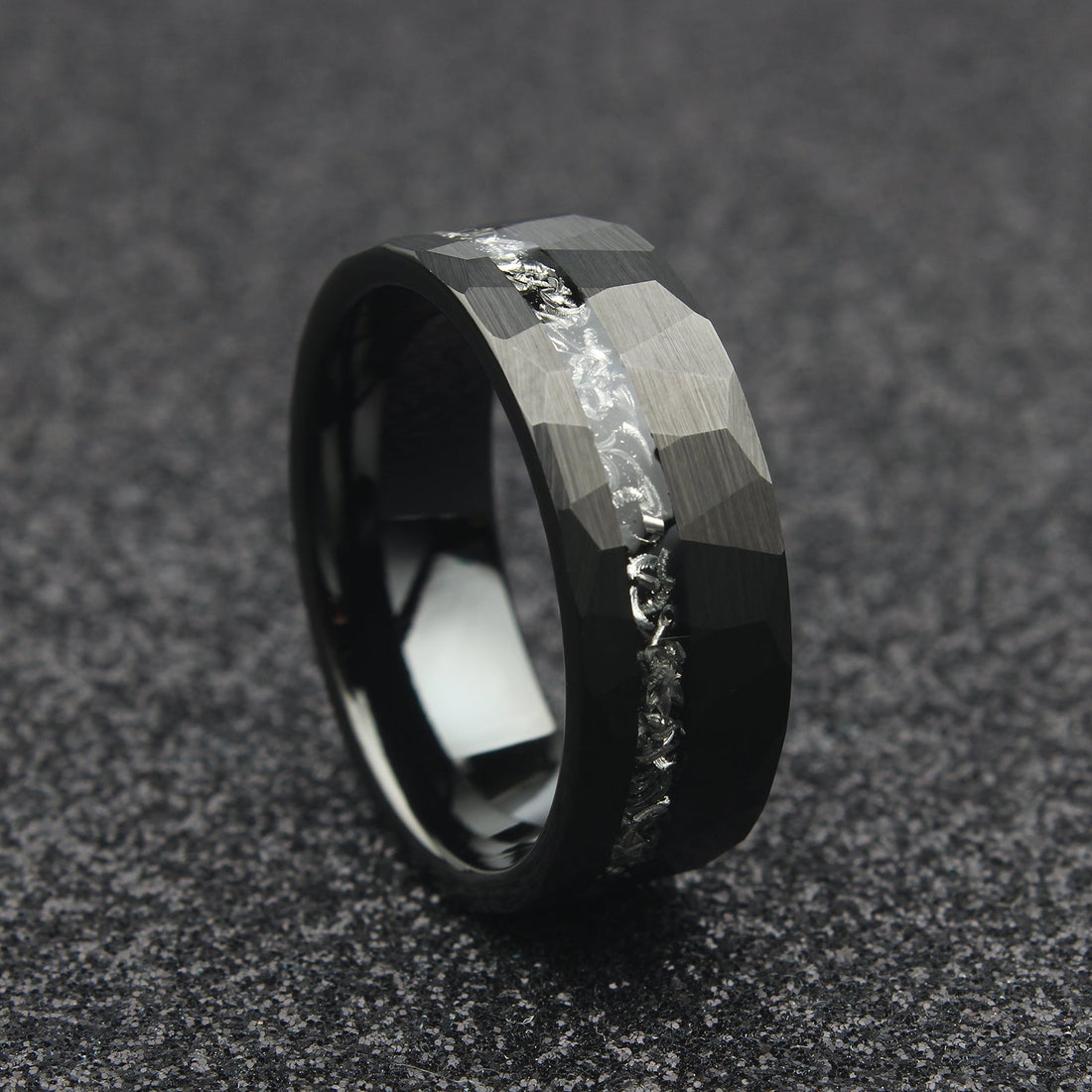 The Altair - 8mm Black Brushed Tungsten & Meteorite Inlay Ring