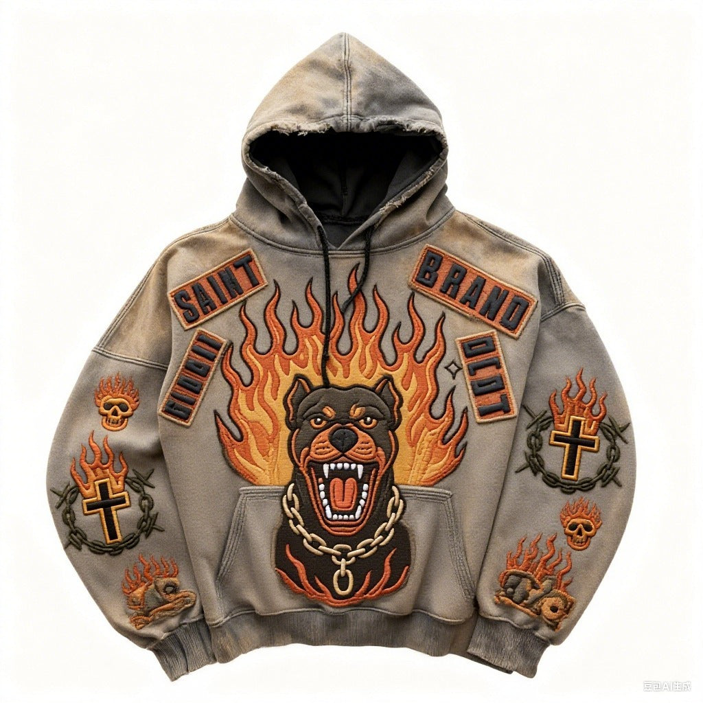 Retro Fiery Dog Design Print Loose Fit Hoodie