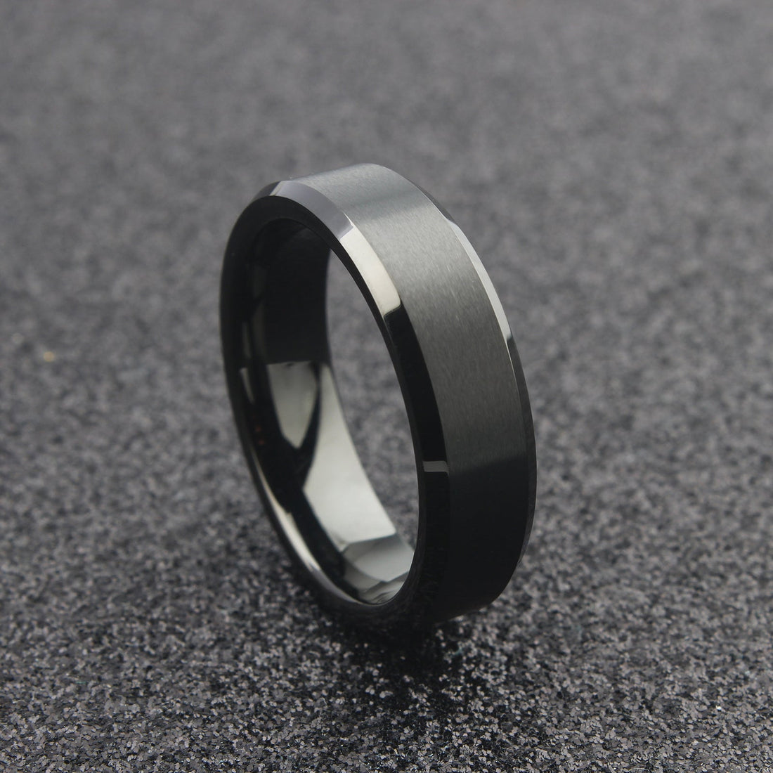 The Perseus - 6mm Brushed Black Tungsten Bevelled Edge Ring