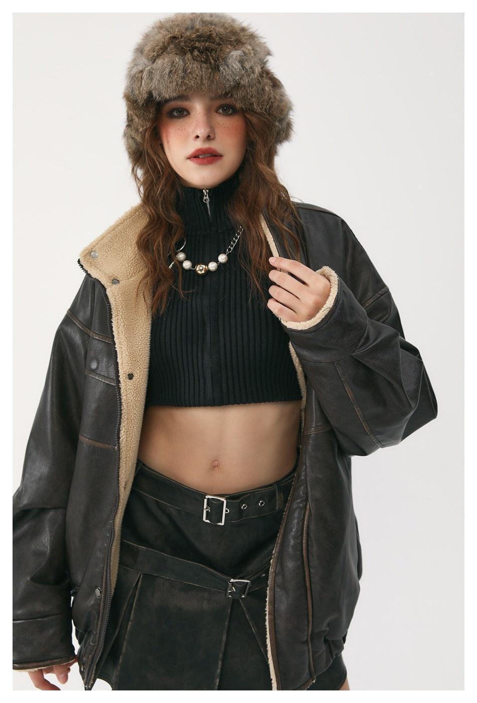 Winter Coat PU Leather Coat with Lamb Wool Lining