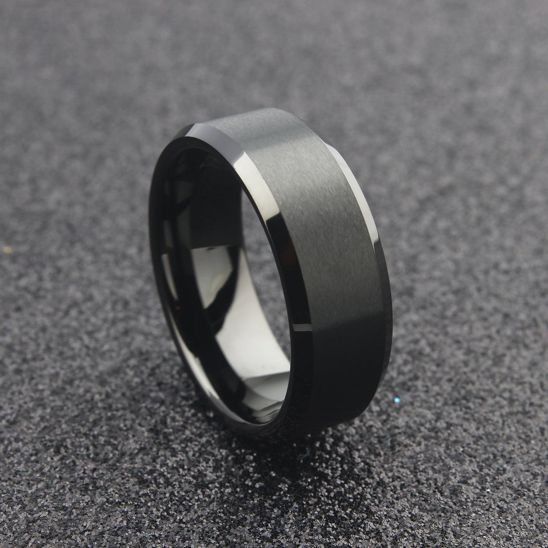 The Capella - 8mm Brushed Black Tungsten Bevelled Edge Ring