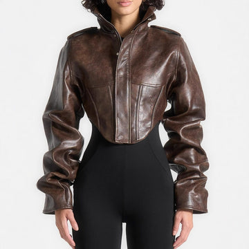 High-End Short PU Leather Fishbone Coat