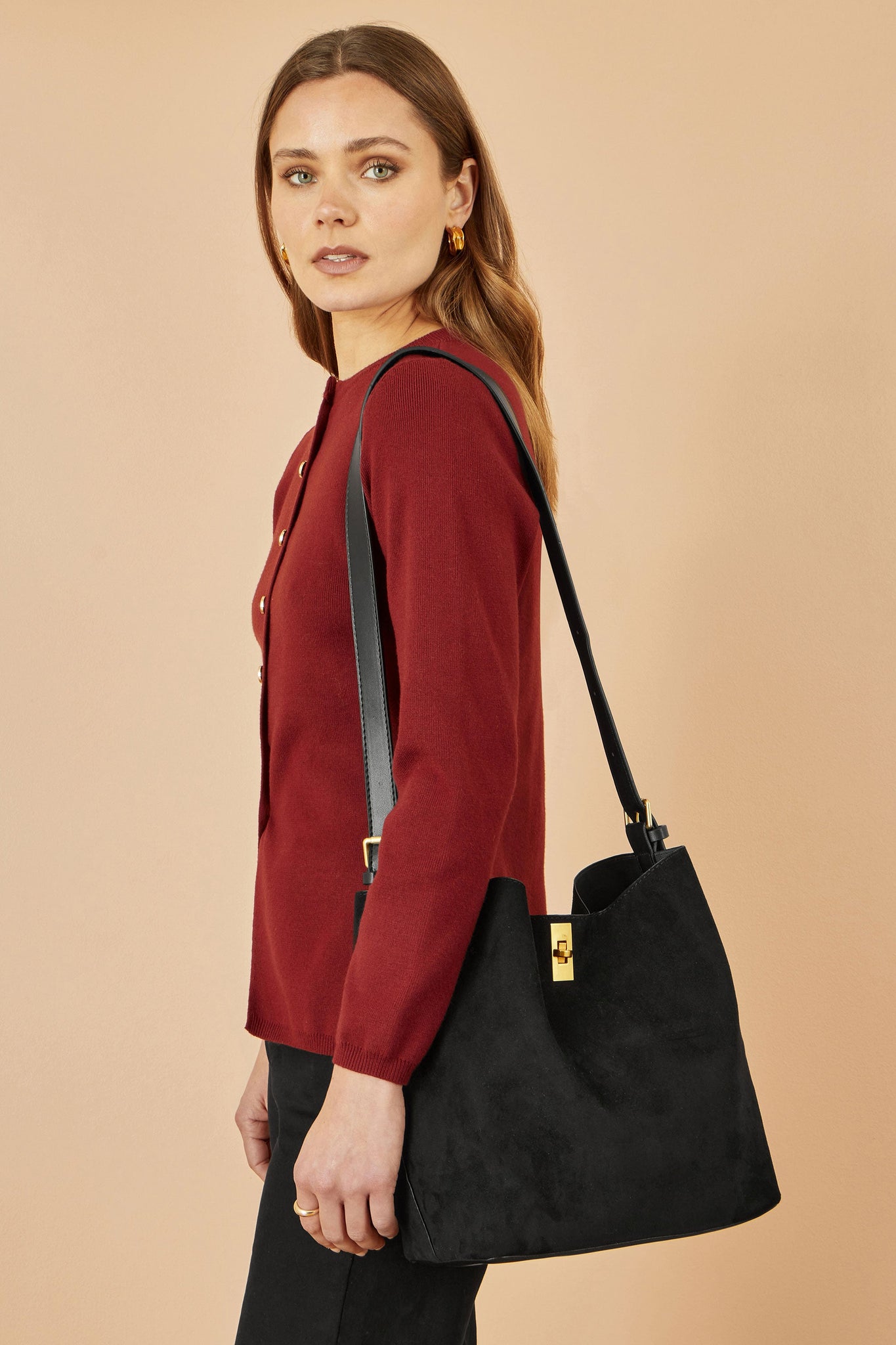 Yumi Black Faux Suede Bag With Inside Pouch