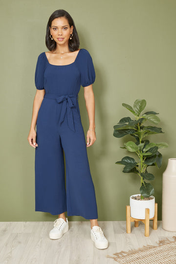 Yumi Navy Square Neck Puff Sleeve Culotte Jumpsuit