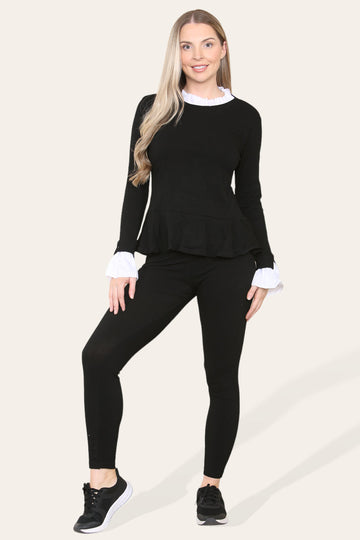 Peplum Frill Neck Suit Pleated Lounge Wear Set
