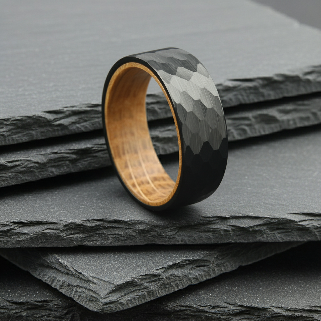 The Aquila - 8mm Hammered Brushed Black Tungsten & Whisky Barrel Wood Ring