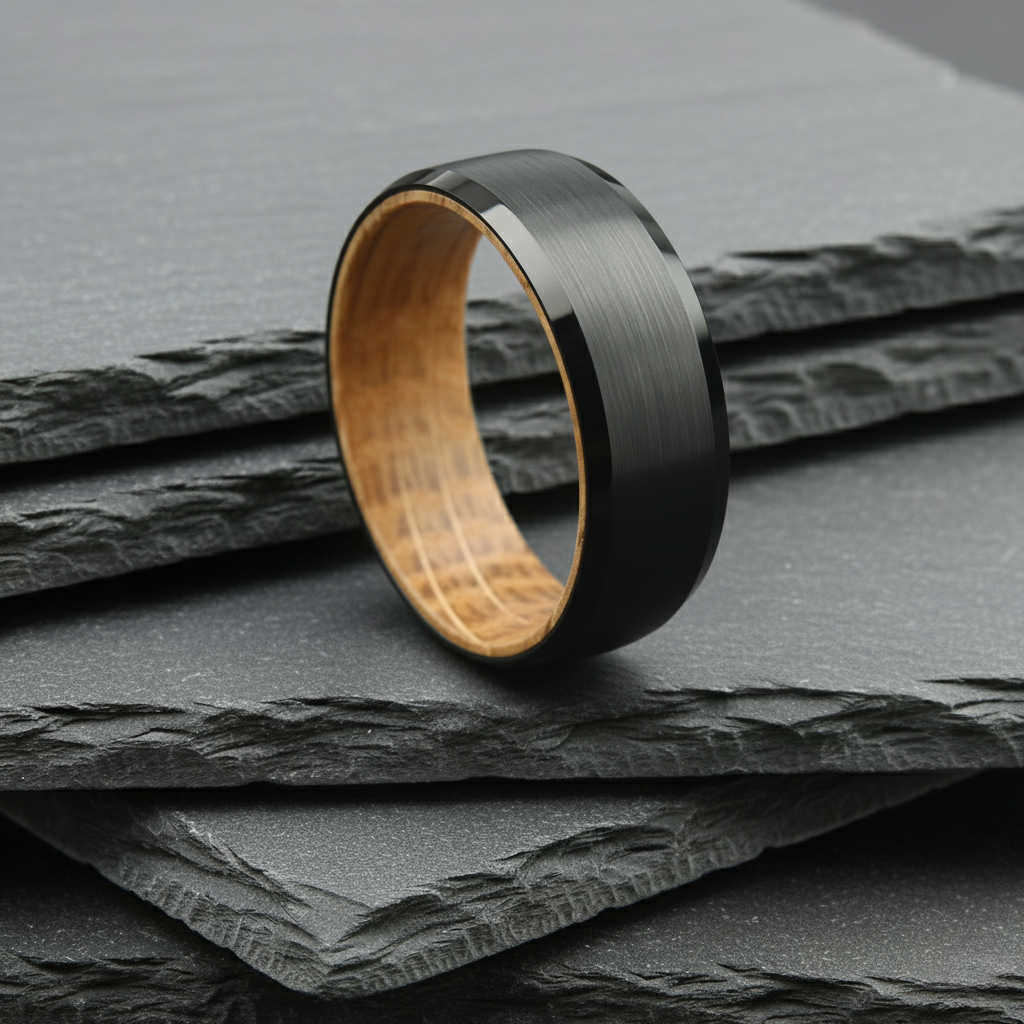 The Orion - 8mm Brushed Black Tungsten Bevelled Edge & Whisky Barrel Wood Ring