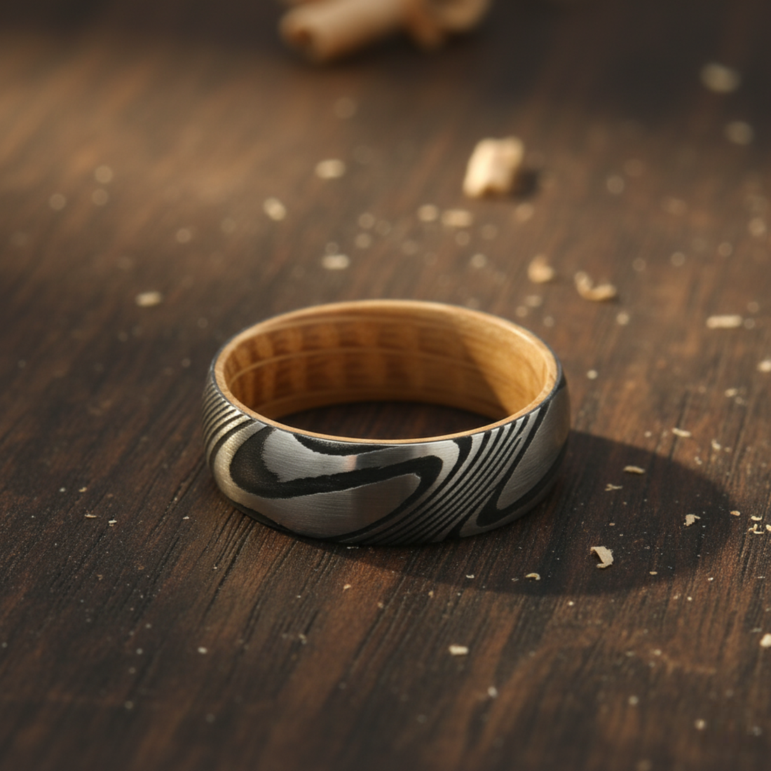 The Centaurus - 8mm Damascus Steel & Whisky Barrel Wood Ring