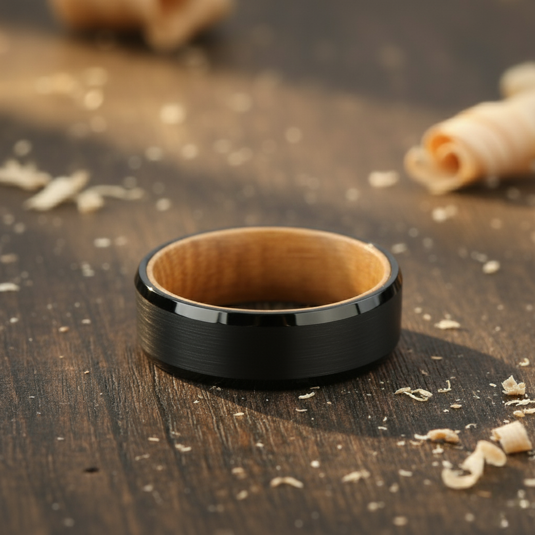The Orion - 8mm Brushed Black Tungsten Bevelled Edge & Whisky Barrel Wood Ring