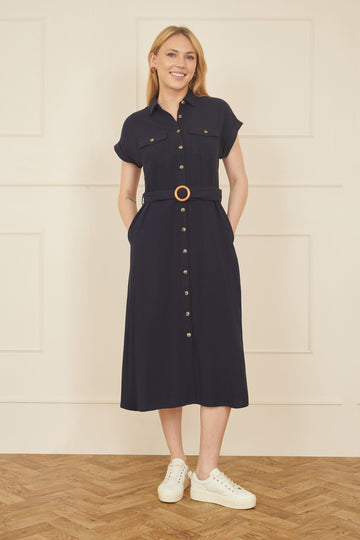 Yumi Navy Viscose Linen Look Midi Shirt Dress With Wooden Belt