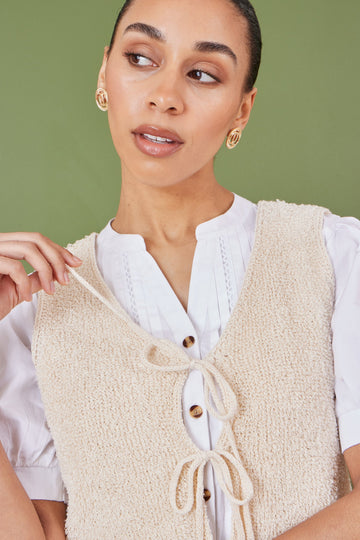 Yumi Beige Knitted Tie Detail Knitted  Waistcoat