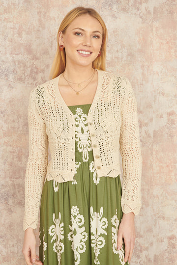 Yumi Beige Crochet Knitted Cropped Cardigan