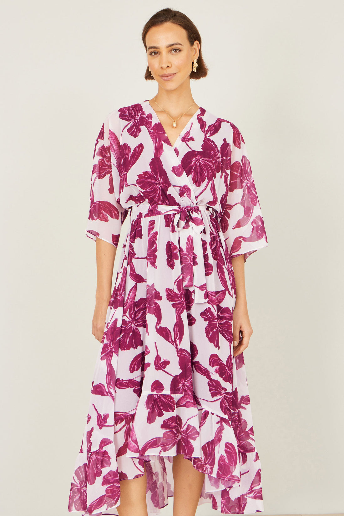 Yumi Pink Kimono Sleeves Midi Dip Hem Wrap Midi Dress