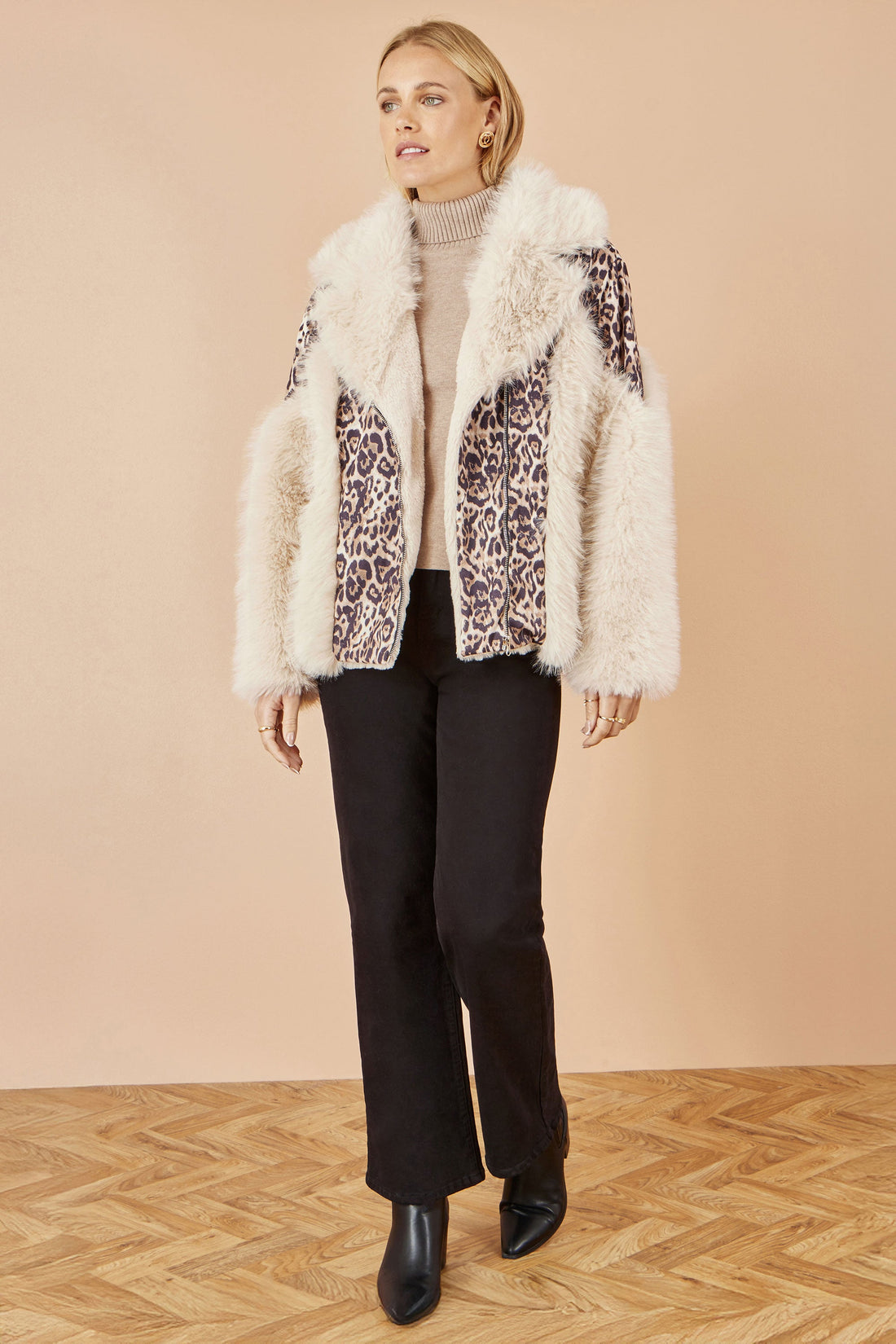 Yumi Cream Fur Biker Jacket With Leopard Print