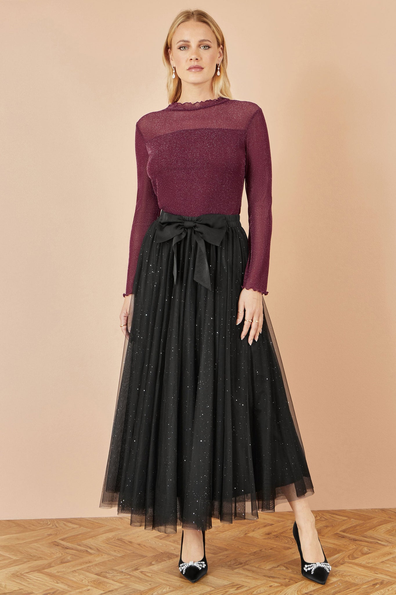 Yumi Black Sparkle Mesh Tulle Skirt With Satin Bow