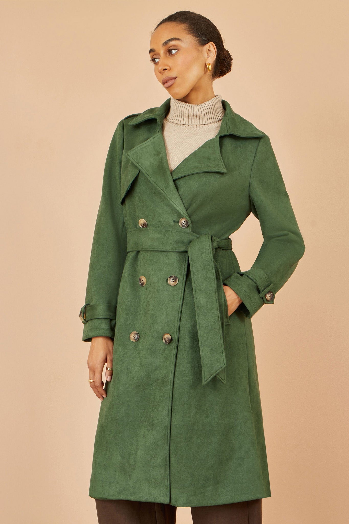 Yumi Green Faux Suede Trench Coat