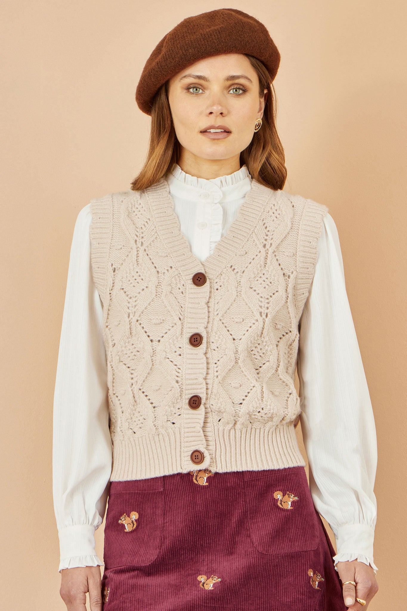Yumi Oatmeal Button Up Chunky Cable Knit Waistcoat