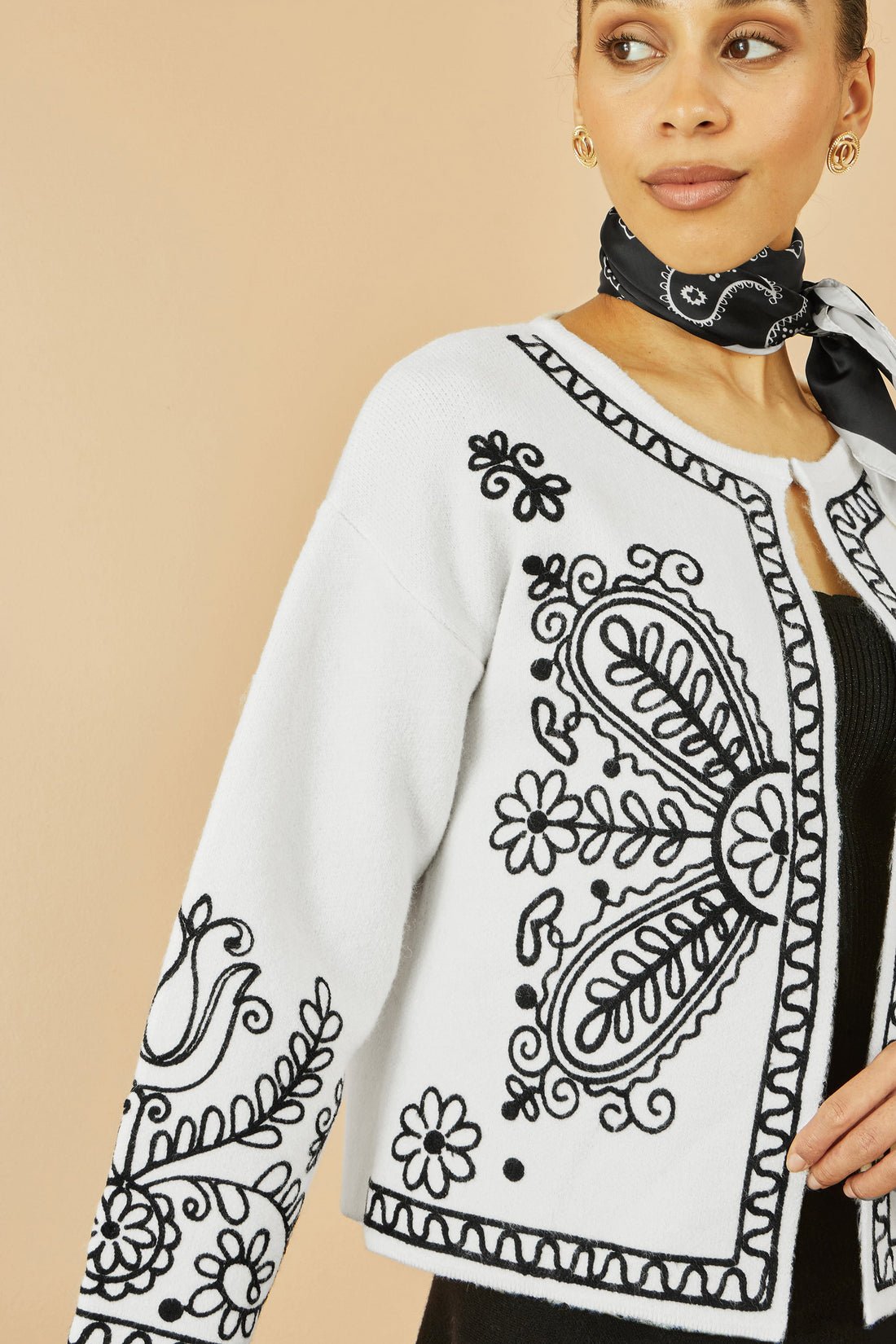 Yumi Ivory Folk Embroidered Edge To Edge Cardigan