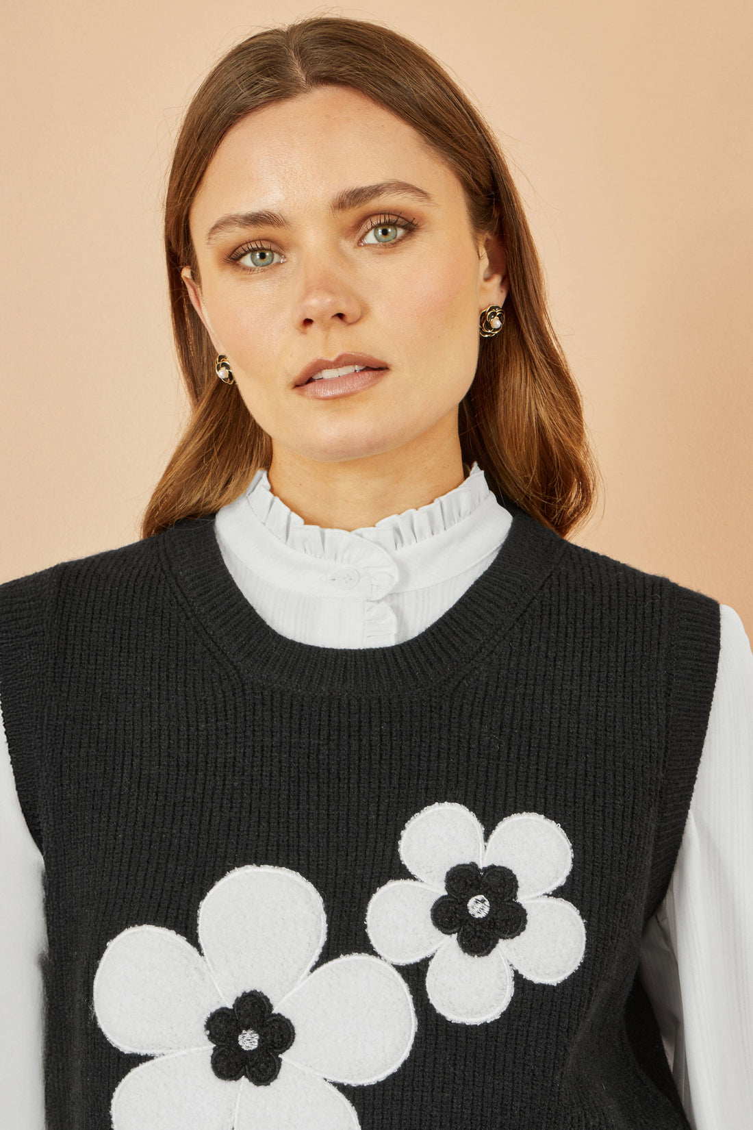 Yumi Black Flower Knitted Sleeveless Jumper Vest