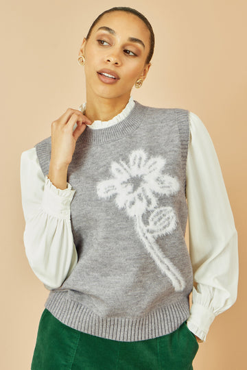 Yumi Grey Knitted Flower Sleeveless Jumper Vest