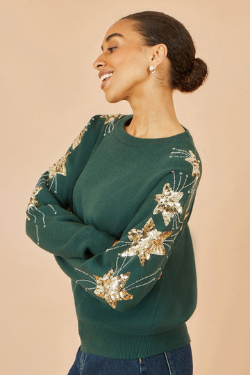 Yumi Green Relaxed Fit Jumper With Sequin Star Sleeves