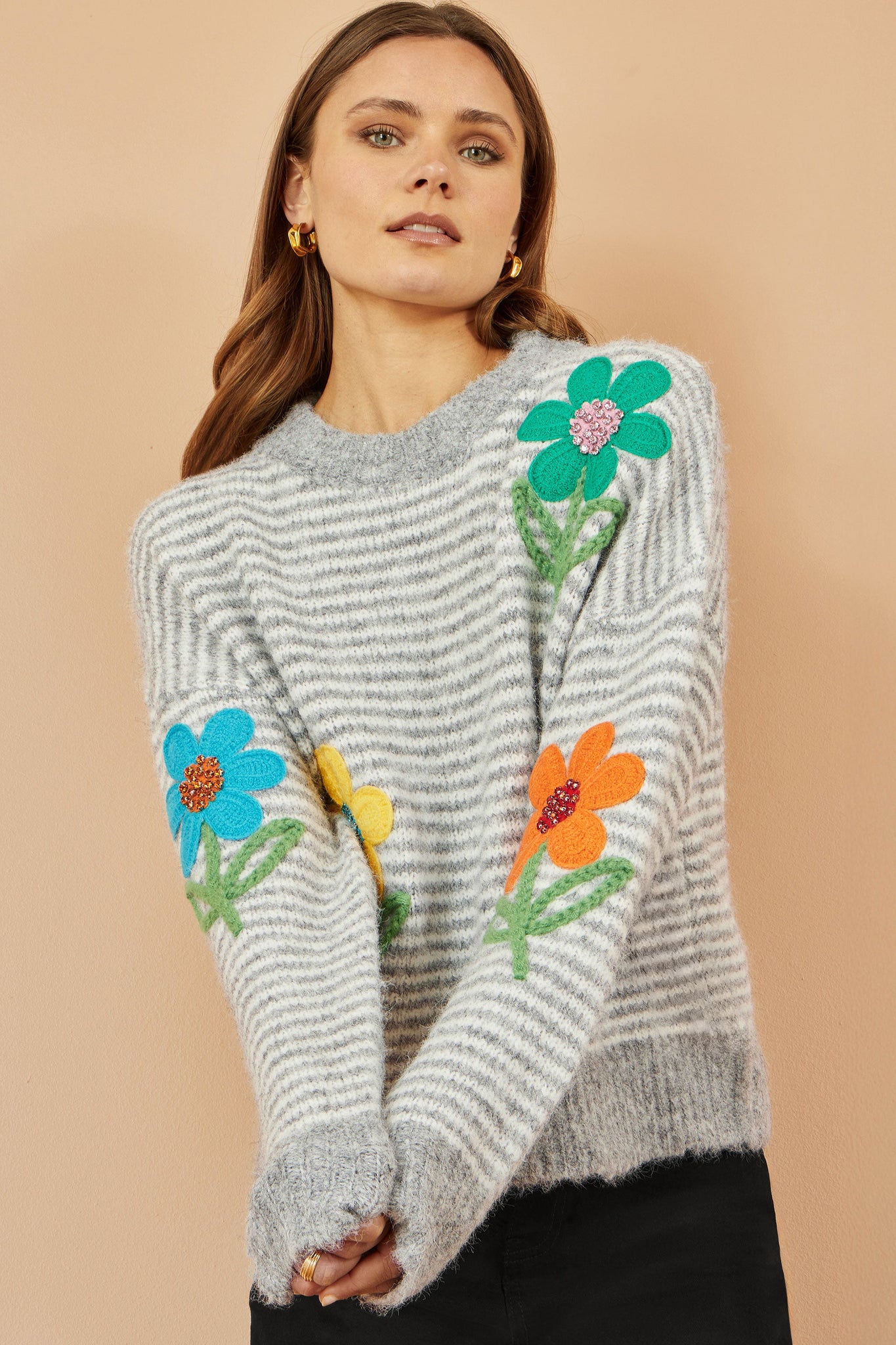 Yumi Grey Striped Relaxed Fit Jumper With Flowers