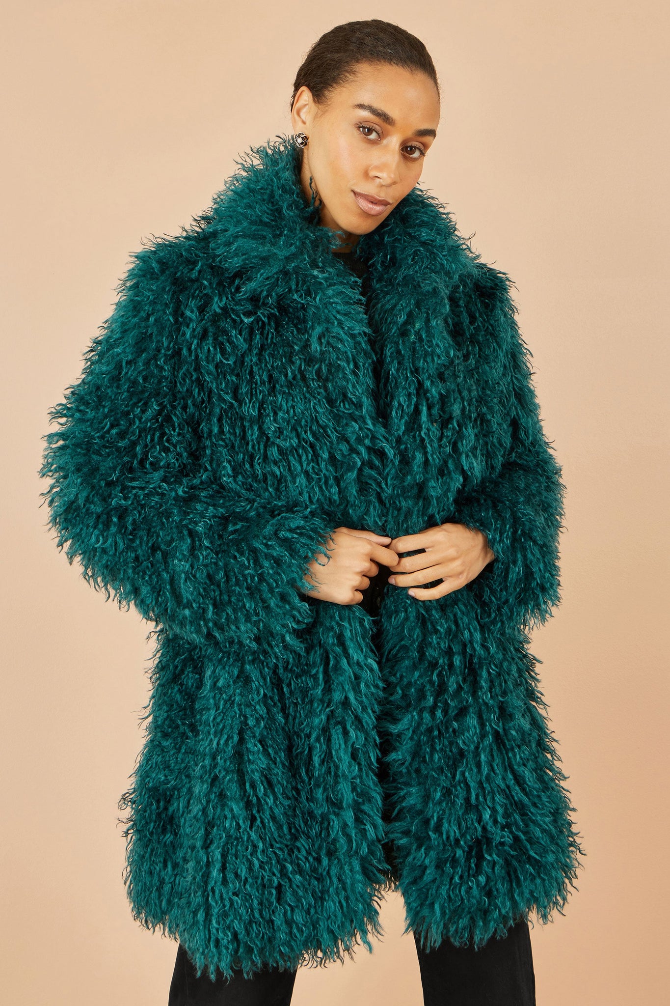 Yumi Teal Luxe Long Hair Fur Coat