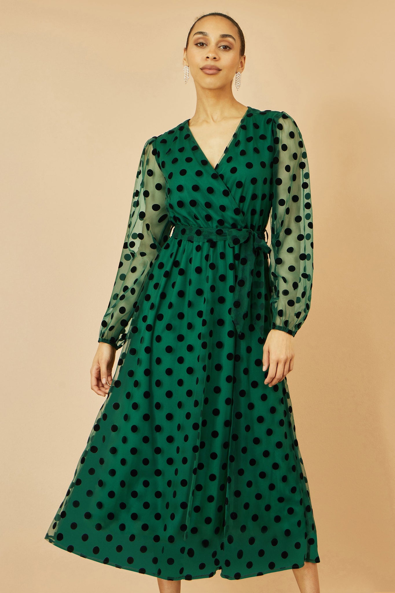 Yumi Green Spot Mesh Wrap Midi Skater Dress