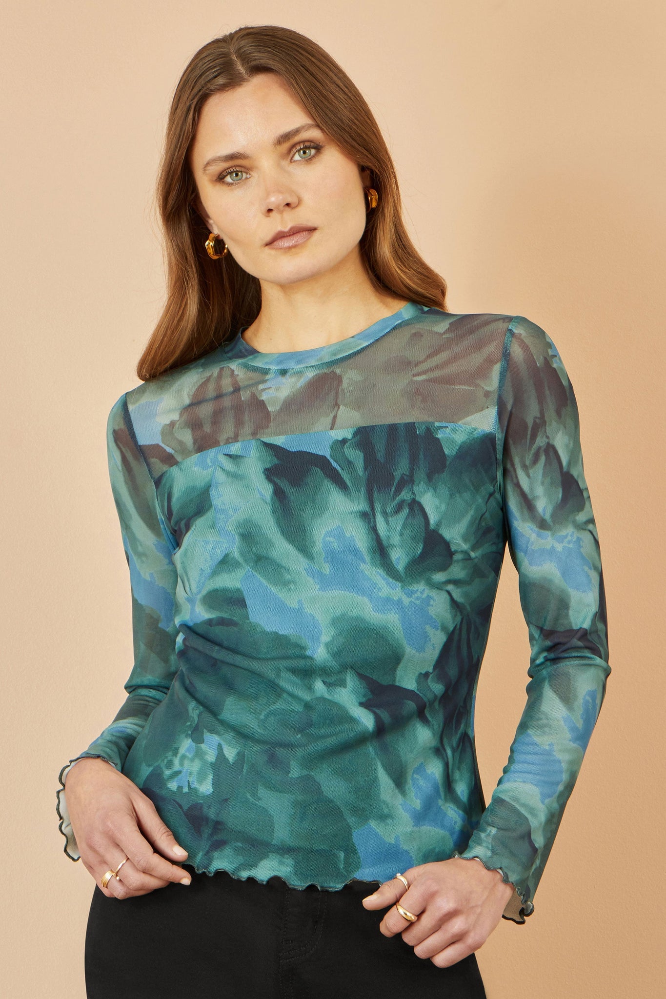 Yumi Green Floral Mesh Top