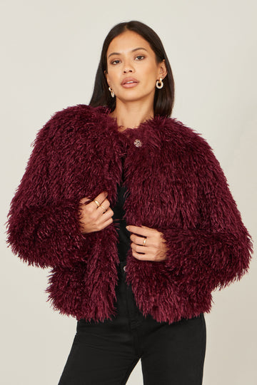 Yumi Burgundy Luxe Fluffy Faux Fur Coat