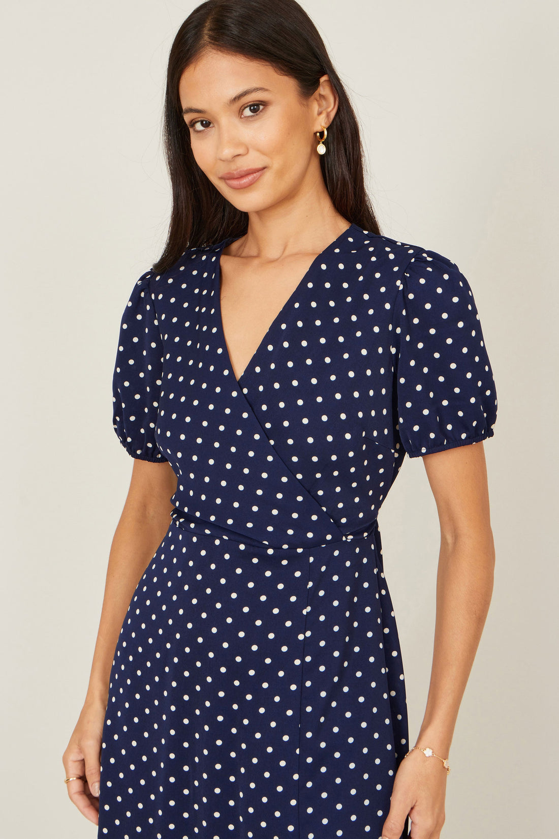 Yumi Navy Spot Wrap Midi Tea Dress