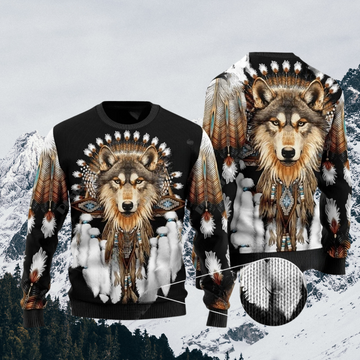 Native Indian Wolf Feather Dream Catcher Art Design Unisex Ugly Sweater (Short to Plus-Size) selection