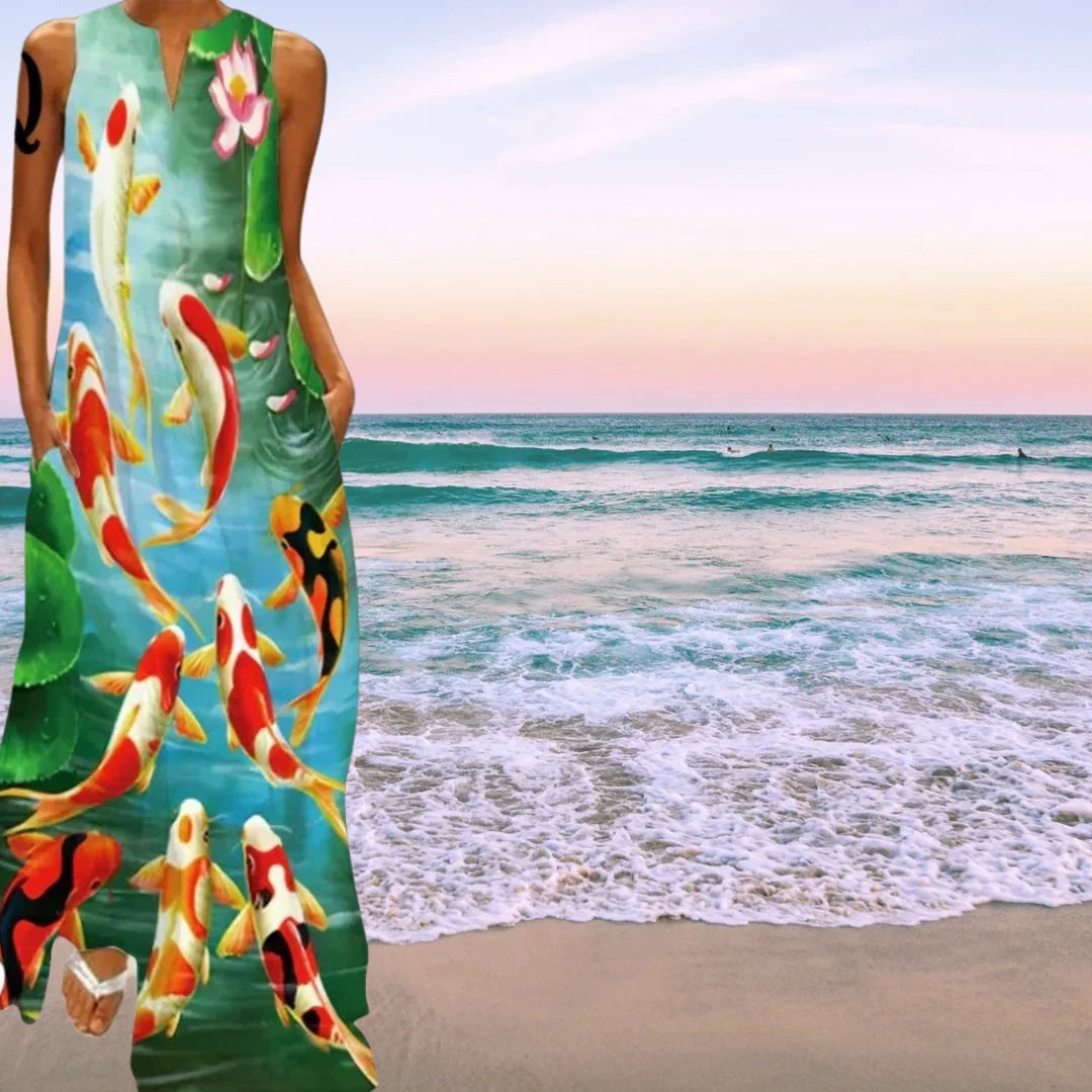 Elegant Women's Sleeveless 3D Fishes & Peacock Print Vintage Maxi Dress with Pockets – Summer & Spring Collection