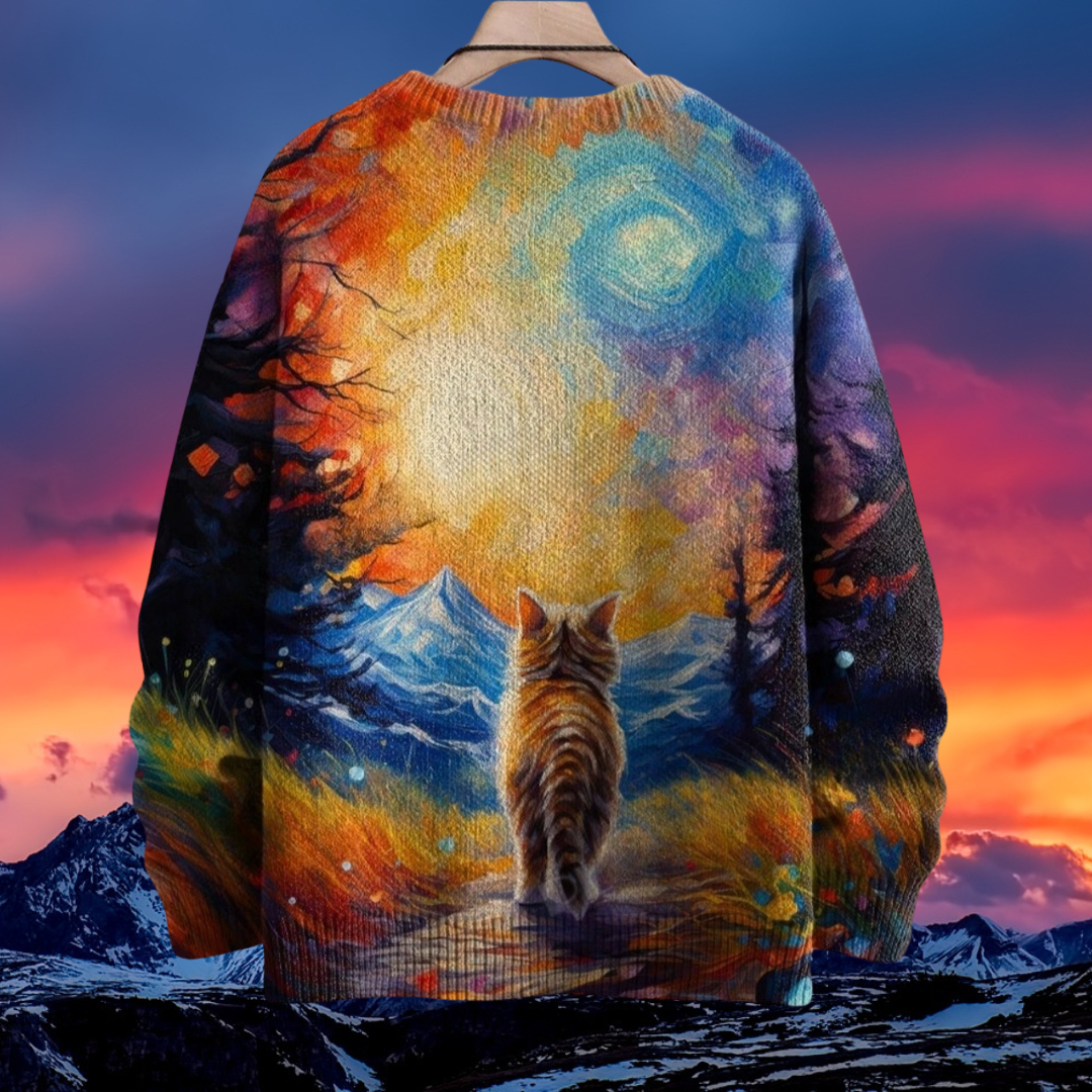 Unisex Casual Sweater with 3D Cat Oil Painting Designs