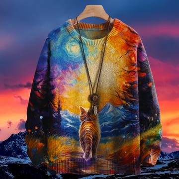 Unisex Casual Sweater with 3D Cat Oil Painting Designs
