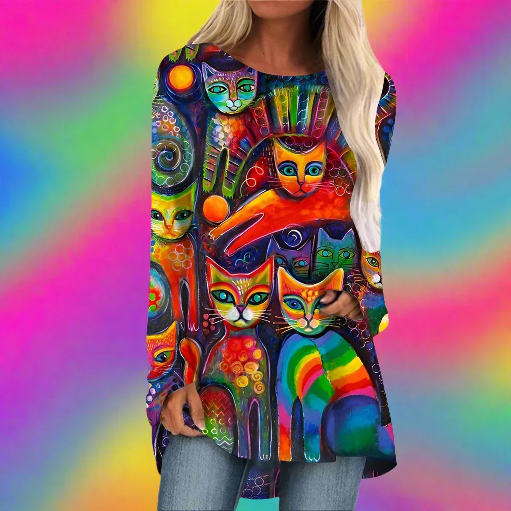 Cat & Rabbit 3D Designs Long Sleeve Tunic Top (S-3XL)