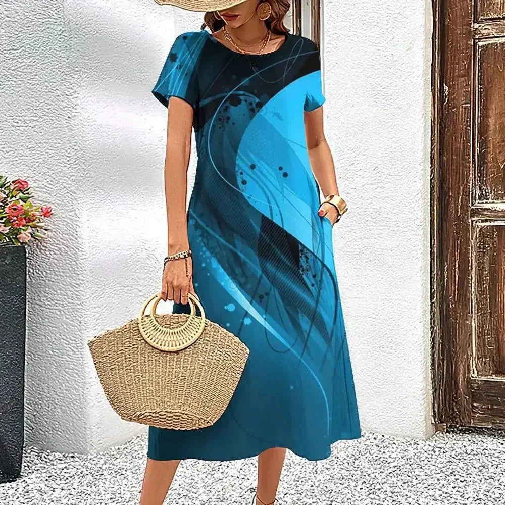 Blue Sea Female Short Sleeves A-Line Dress