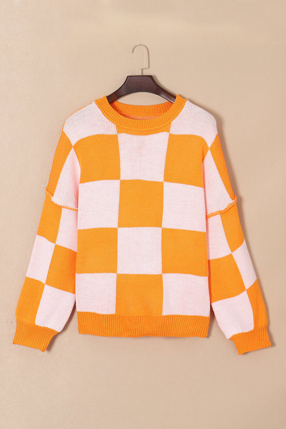 Orange Checkered Sweater with Bishop Sleeves