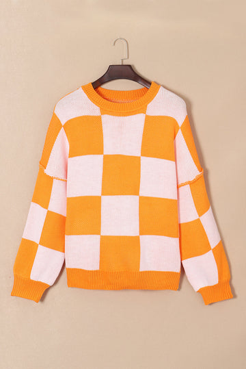 Orange Checkered Sweater with Bishop Sleeves