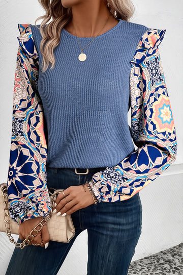 Blue O-Neck Waffle Knit Blouse with Floral Sleeves and Ruffles
