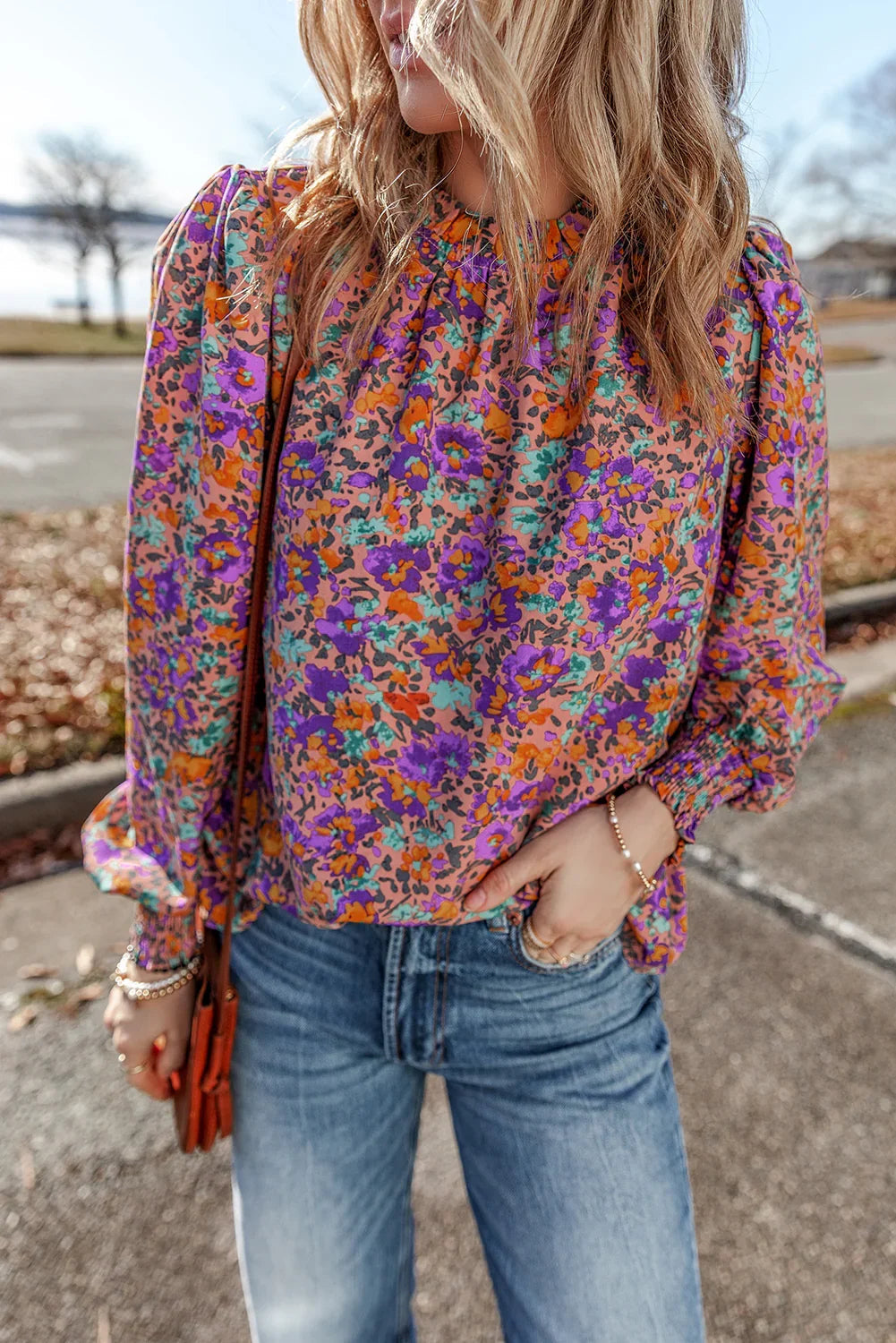 Purple Floral Print Frilled O-Neck Blouse with Shirred Cuffs