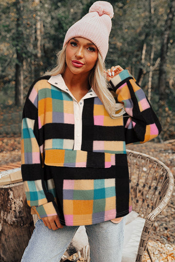 Cozy Black Sweatshirt with Plaid Print, Pockets, and Half Button Front