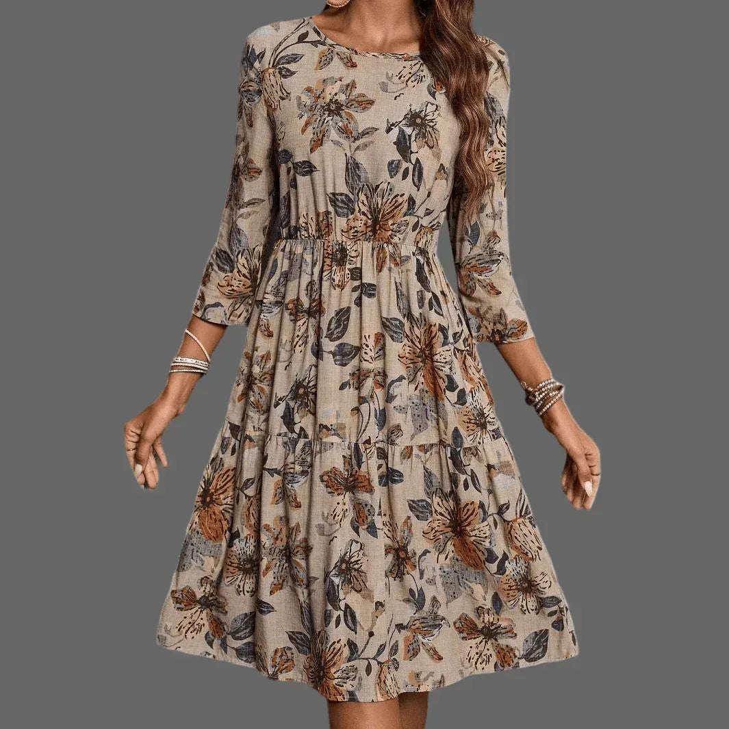 Casual Summer Dress for Women - Floral Printed A-Line Mid-Length Cotton Linen Dress