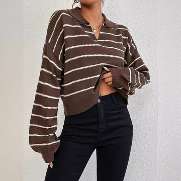Knitted Sweater - Striped Loose Lapel