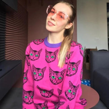 Pop Pink Cat Design Knit jacquard Sweater