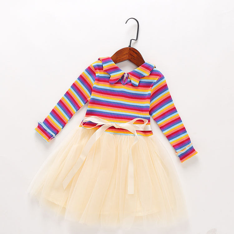 Girls' Long Sleeve Stripe Dress with Lace