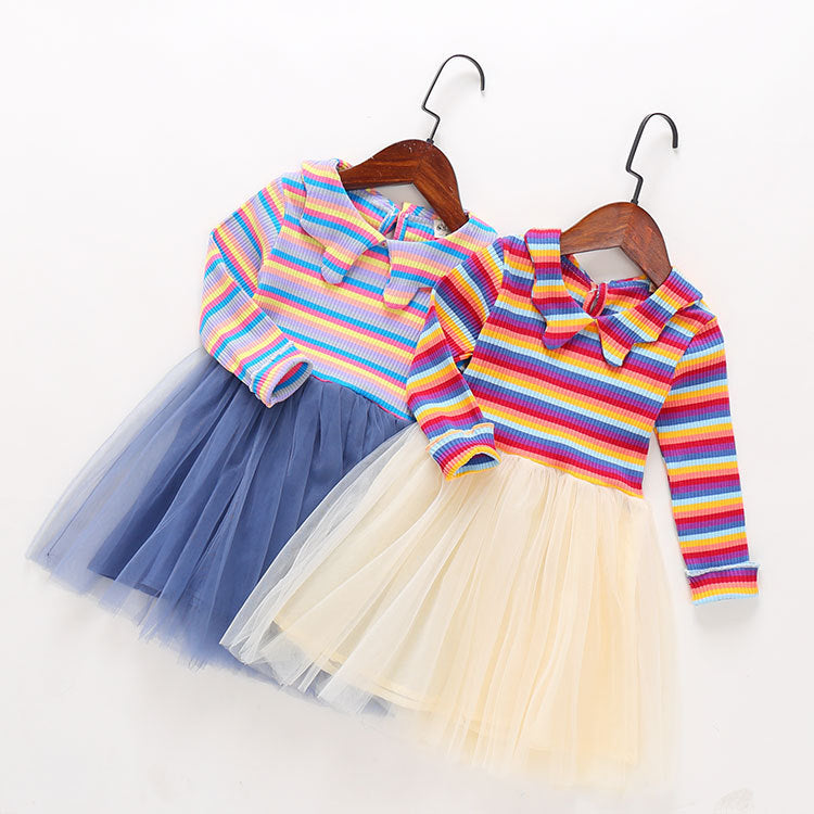 Girls' Long Sleeve Stripe Dress with Lace