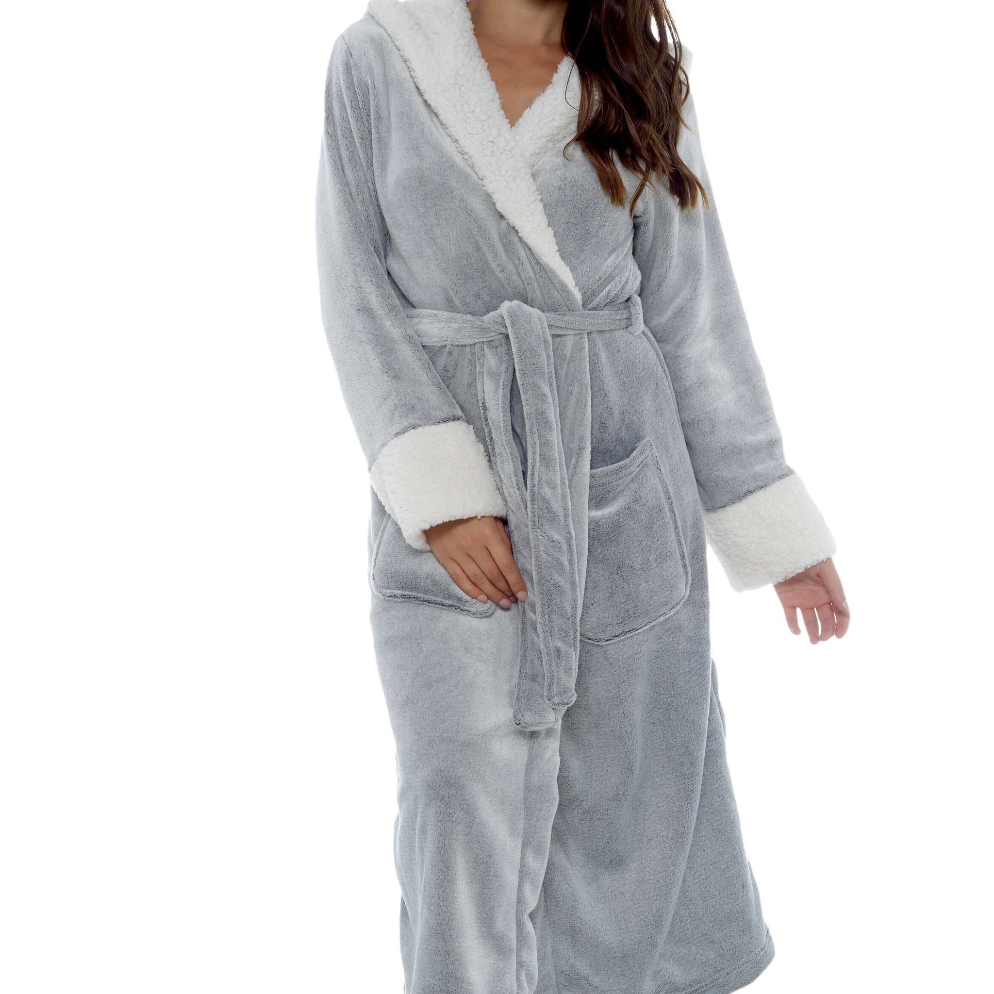 Women's Luxurious Shimmer Grey Fleece Dressing Gown With Sherpa Fur Hood Plush Flannel Bath Robe Elegant Silver Soft Cozy Loungewear by Daisy Dreamer