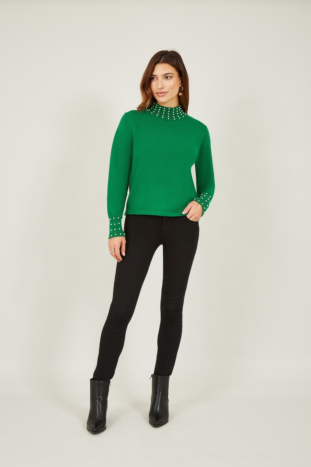 Mela Green Pearl Detail High Neck Jumper